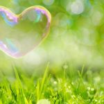 緑の草原にハートのシャボン玉